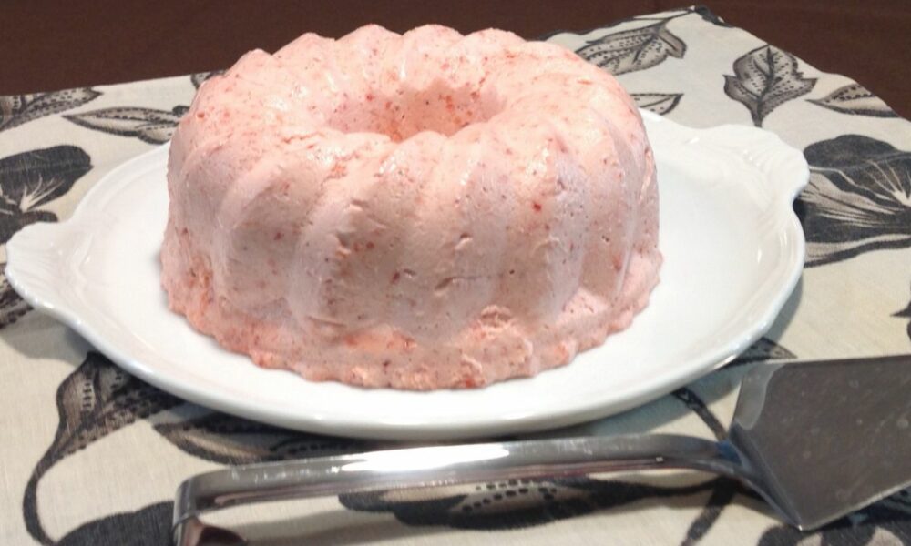 Creamy strawberry bavarois (panna cotta style) made with fresh blended strawberries.