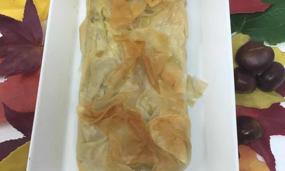 Authentic Italian savoury pie with leeks, squash and chestnuts in crispy phyllo pastry by Chef Carlotta in Florence