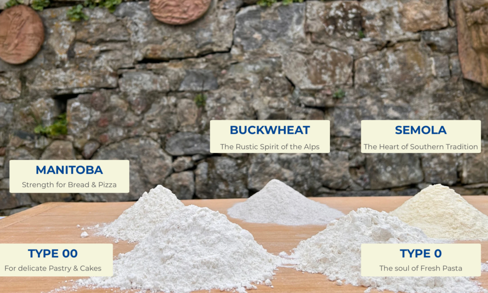 Five types of Italian flour for pasta making on a wooden board - Cooking with Carlotta
