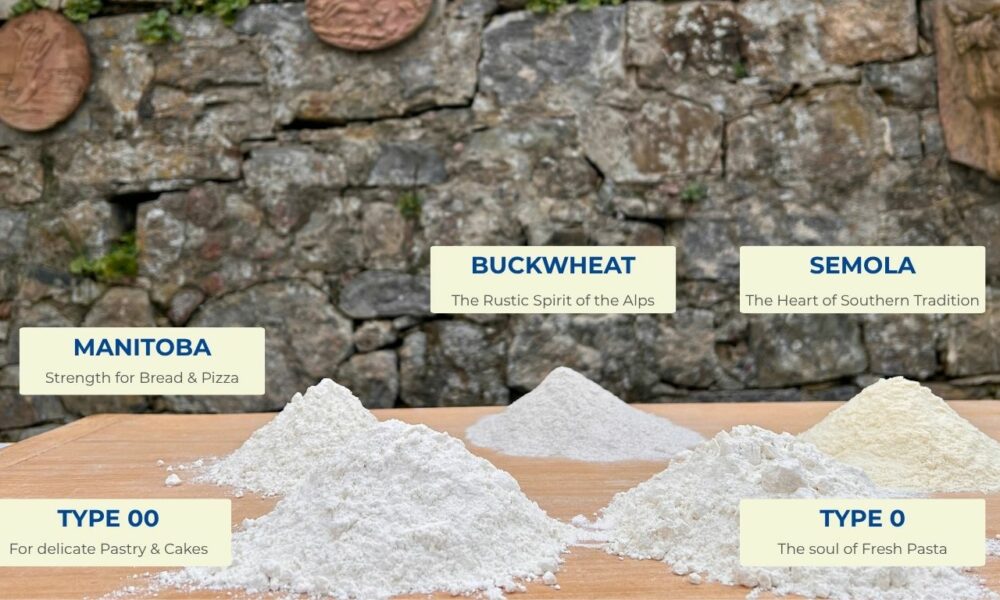 Five types of Italian flour for pasta making on a wooden board - Cooking with Carlotta