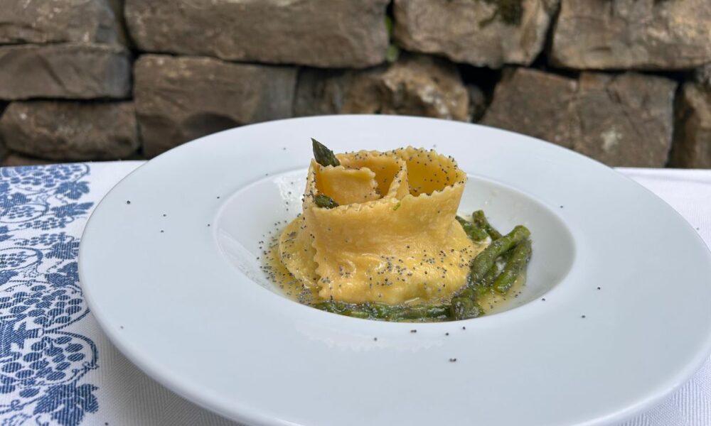 Handmade stuffed tagliatelle with asparagus and poppy seeds in Florence.